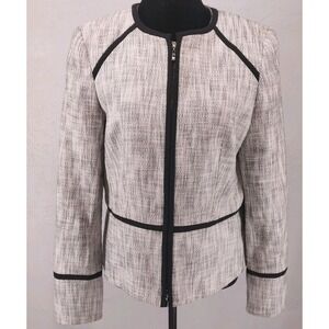 Anne Klein Women Black White Tweed Zip Up Peplum Blazer Jacket Size 8 Career